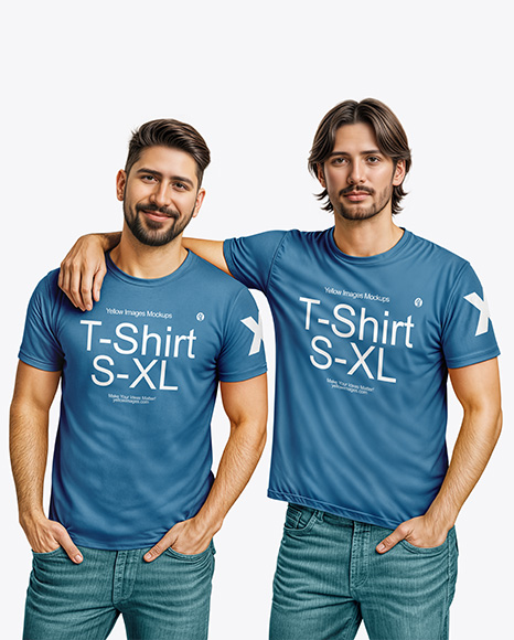 Two Young Men Wearing T-shirts and Jeans Mockup - T shirt mockup flat lay