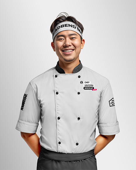 Asian Man Wearing Chef Uniform and Headband Mockup