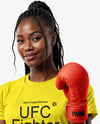 Black Female UFC Fighter Wearing T-Shirt & Shorts Mockup