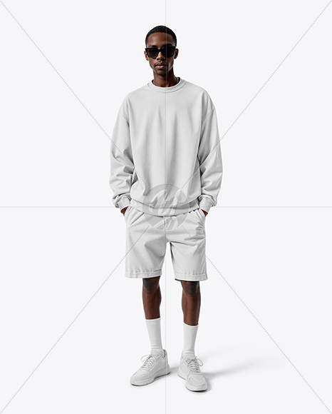 Young Black Man Wearing Oversize Sweatshirt and Shorts Mockup