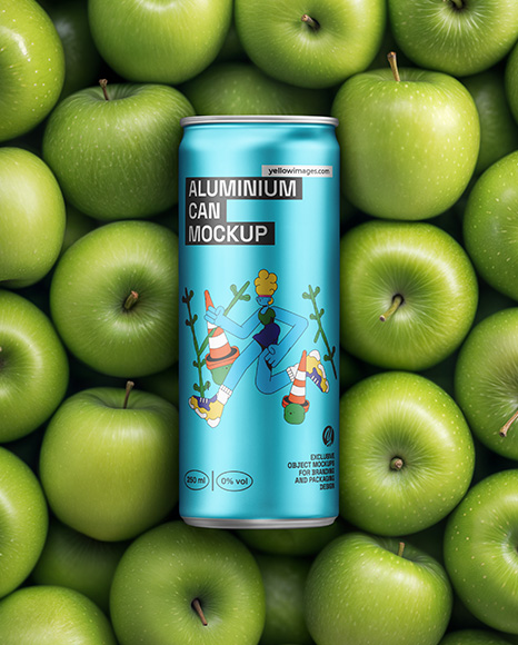 8.5oz Slim Drink Can on a Stack of Green Apples Mockup