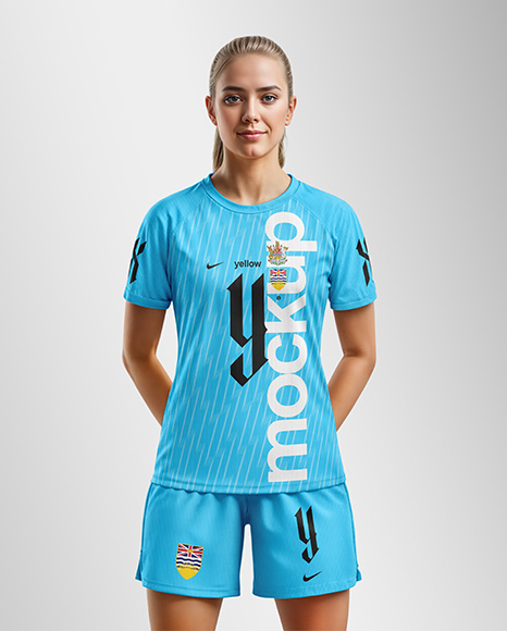 Woman Wearing Raglan Soccer Jersey and Shorts Mockup