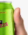 330ml Aluminium Can with Drops in the Hand Mockup