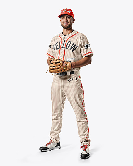 Man Wearing a Full Baseball Kit with Pitcher's Glove Mockup - Mens+Baseball+Jersey+Mockup+HalfsideView+Download+...