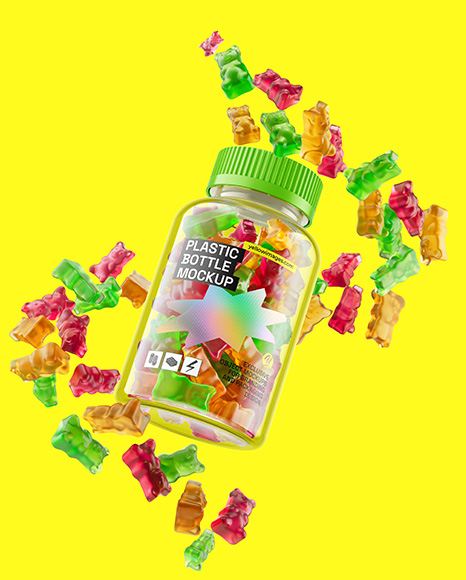 Plastic Bottle with Flying Gummies Mockup