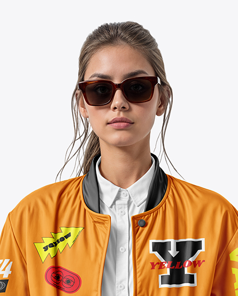 Woman in Sunglasses Wearing Bomber Jacket and Jeans Mockup
