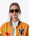Woman in Sunglasses Wearing Bomber Jacket and Jeans Mockup