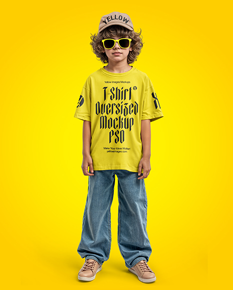 Boy Wearing Oversize T-Shirt and Baseball Cap Mockup