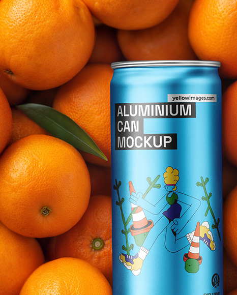 8.5oz Slim Drink Can on a Stack of Oranges Mockup