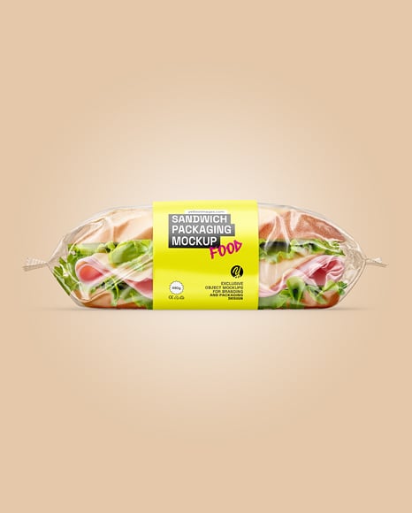 Clear Plastic Flow-Pack with Sandwich in Paper Sleeve Mockup
