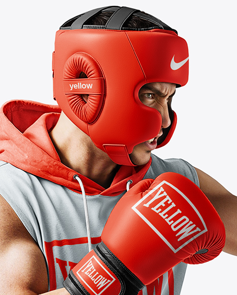 Man Wearing Boxing Sleeveless Hoodie and Shorts with Punching Bag Mockup