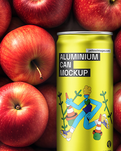 8.5oz Slim Drink Can on a Stack of Red Apples Mockup