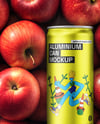 8.5oz Slim Drink Can on a Stack of Red Apples Mockup