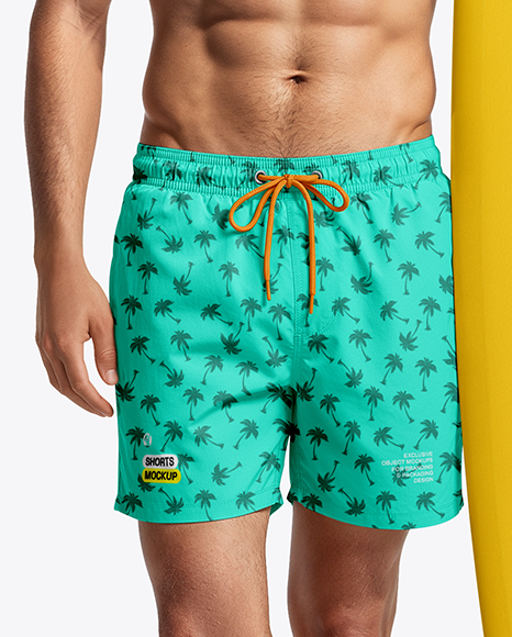 Young Man Wearing Shorts and Holding Surfboard Mockup
