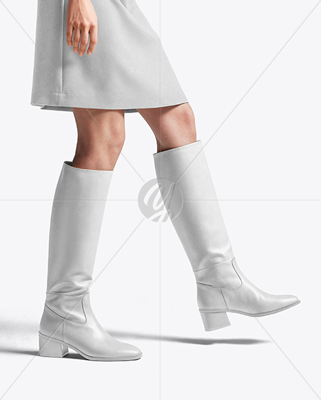 Pair of High-Knee Boots on Women's Legs with Dress Mockup