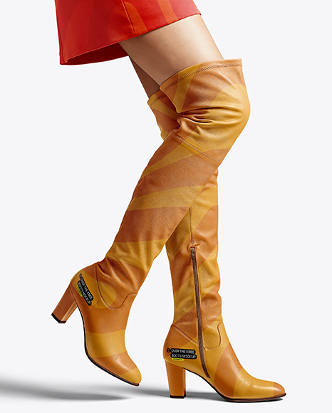Pair of Over-The-Knee Boots on Women's Legs with Skirt Mockup - White dress mockup