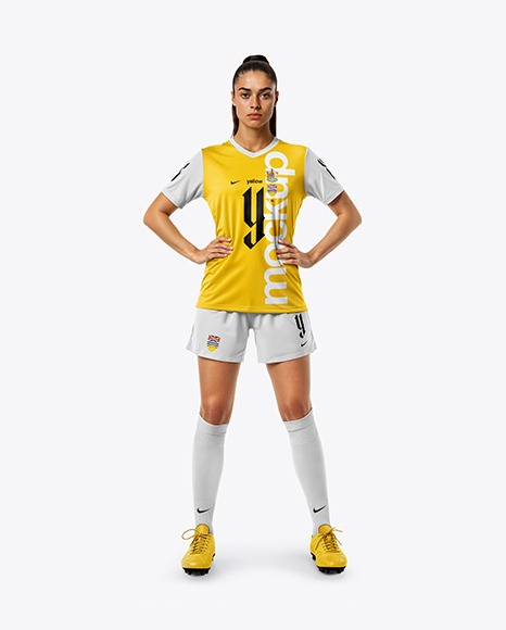 Woman Wearing Soccer Jersey and Shorts Mockup