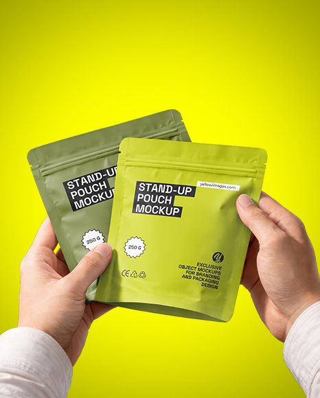 Two Matte Stand-Up Pouch in Hands Mockup