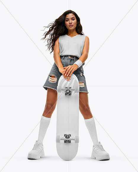 Woman Wearing Sleeveless Shirt and Jean Shorts with Skateboard Mockup