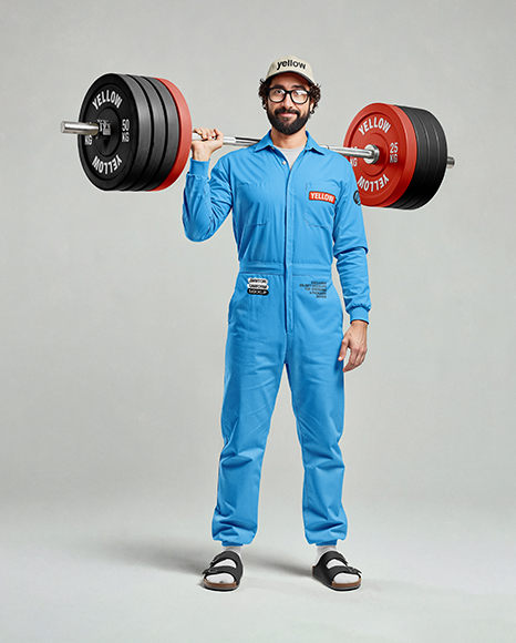 Powerlifter Wearing Janitor Uniform and Cap with Barbell Mockup