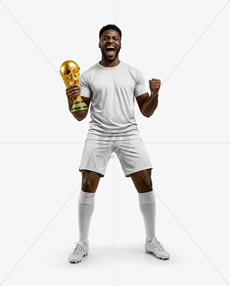 Soccer Player Wearing Jersey and Shorts Holds Cup Mockup