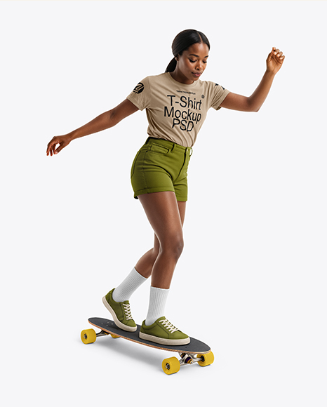 Black Woman Wearing T-Shirt and Shorts Standing on Longboard Mockup - Bella+Canvas+3001+Black+Mockup+|+Black+Tshirt+Mockup+...