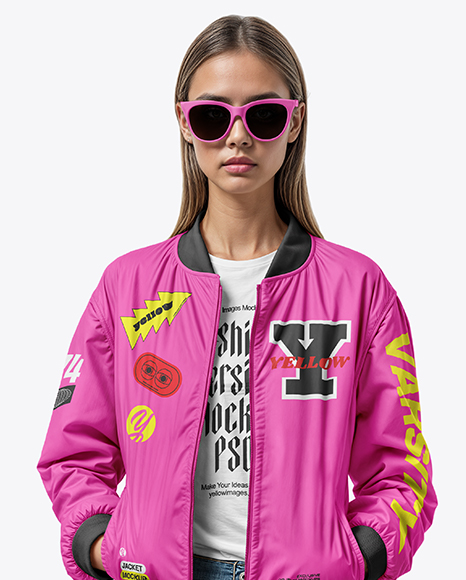 Woman in Sunglasses Wearing Bomber Jacket and Jeans Mockup