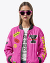 Woman in Sunglasses Wearing Bomber Jacket and Jeans Mockup