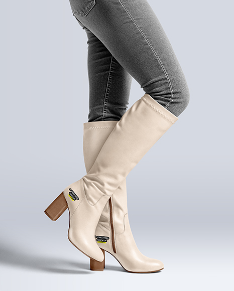 Pair of High-Knee Boots on Women's Legs with Jeans Mockup