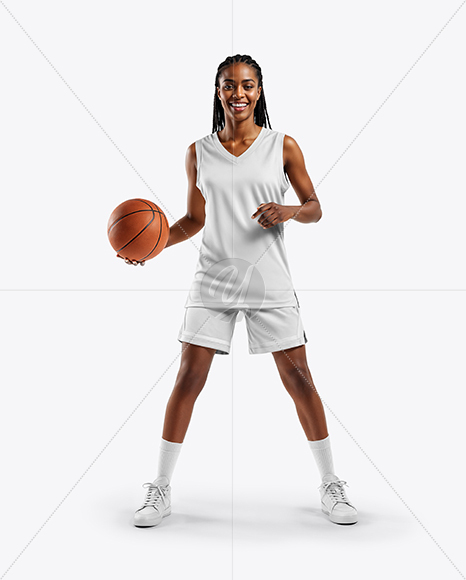 Woman Wearing Full Basketball Uniform and Holding Ball Mockup