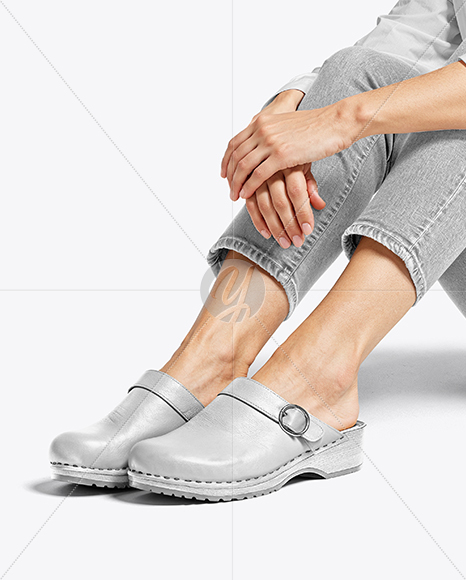 Pair of Clogs on Woman's Legs with Jeans Mockup