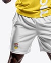 Black Man Wearing Raglan Soccer Jersey and Shorts Mockup