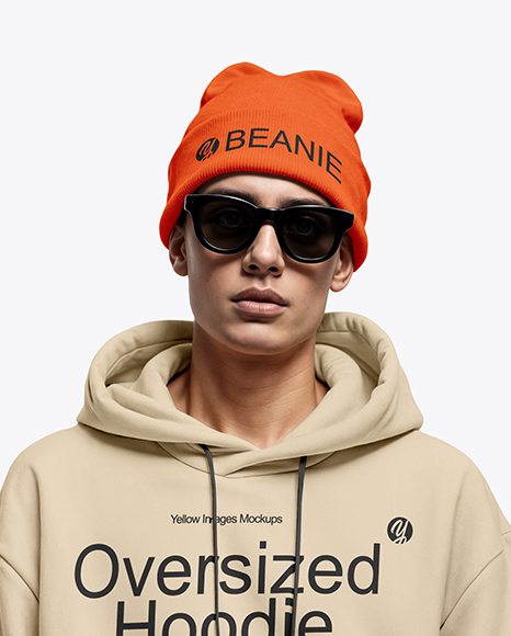 Young Man Wearing Oversize Hoodie and Beanie Hat Mockup