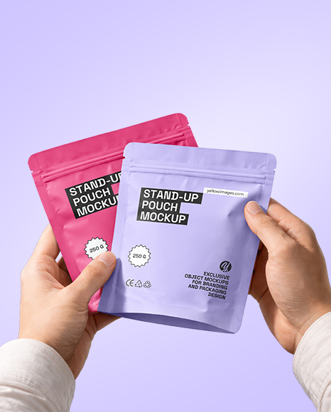 Two Matte Stand-Up Pouch in Hands Mockup