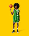 Black Woman with Afro Hairstyle Wearing Full Basketball Kit Mockup