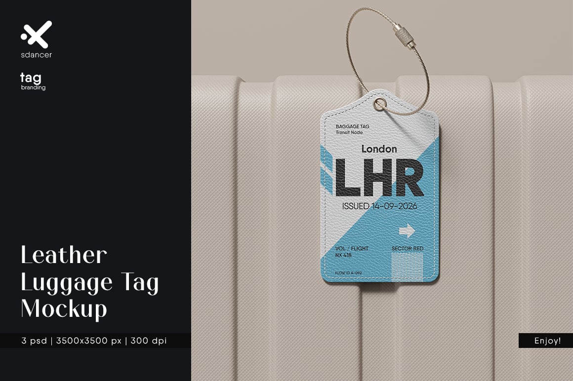 Leather Luggage Tag with Metal Cable Loop Mockup