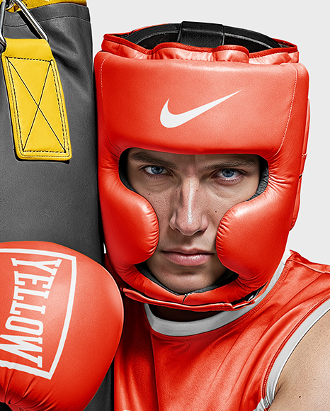Man Wearing Boxing Uniform with Punching Bag Mockup