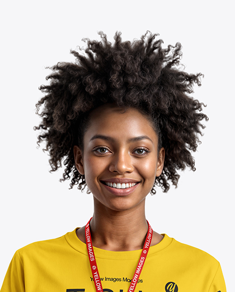 Young Black Woman Wearing T-Shirt with Badge Holder Mockup