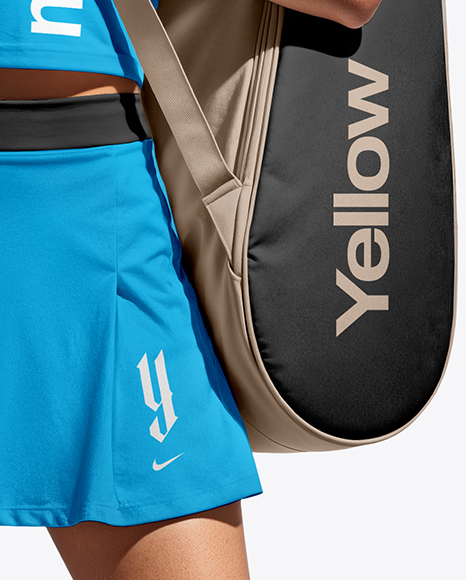 Woman Wearing Tennis Uniform and Tennis Bag Mockup