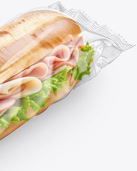 Clear Plastic Flow-Pack with Sandwich in Kraft Paper Sleeve Mockup