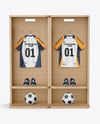 Soccer Training Kit Hanging inside a Wooden Locker Mockup
