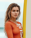 Woman Wearing Bodysuit Holding Surfboard Mockup