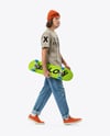 Young Man Wearing T-Shirt and Beanie Hat Holding Skateboard Mockup