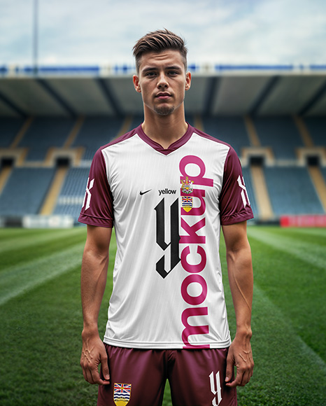 Soccer Player Wearing a Jersey and Shorts at the Stadium Mockup
