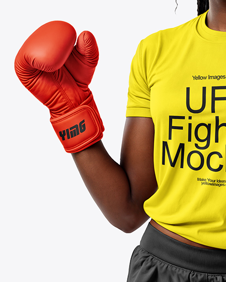 Black Female UFC Fighter Wearing T-Shirt & Shorts Mockup