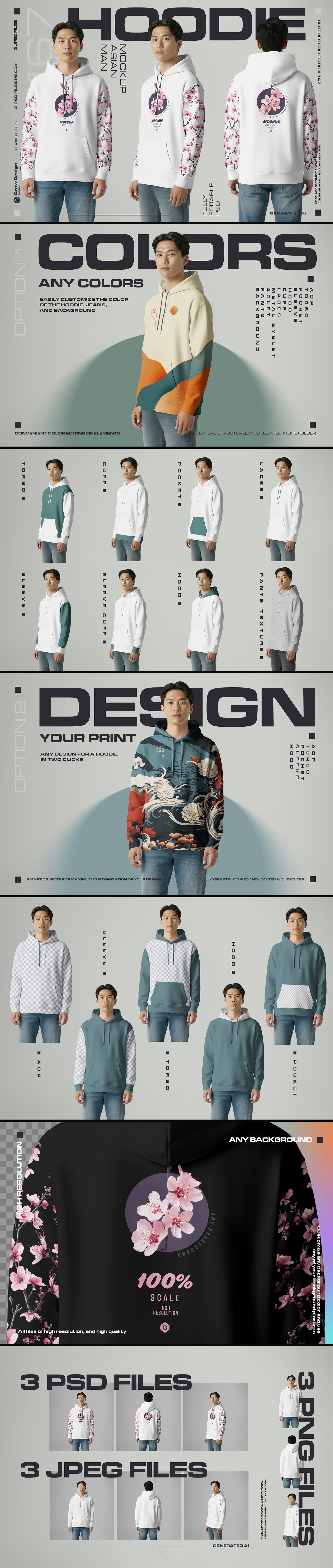 3 Oversized Hoodie Mockups on Asian Man. Vol.01.