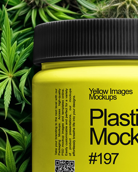 Plastic Supplements Jar on a Hemp Leaves Mockup