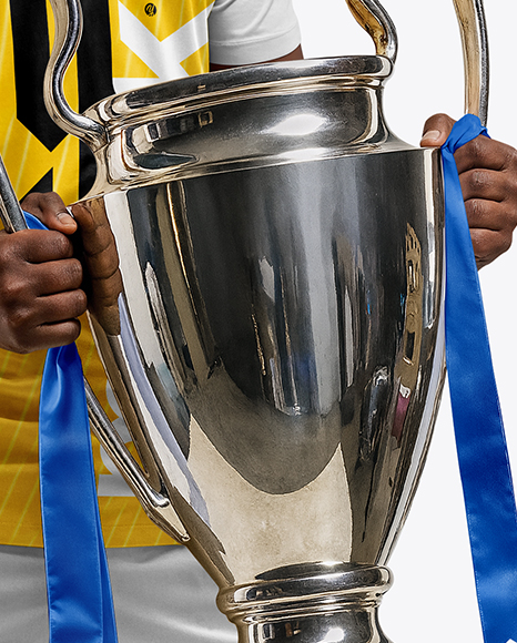 Soccer Player Wearing Jersey and Shorts Holds Cup Mockup