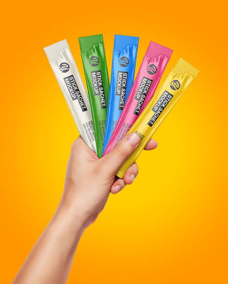 Five Sachets in a Hand Mockup