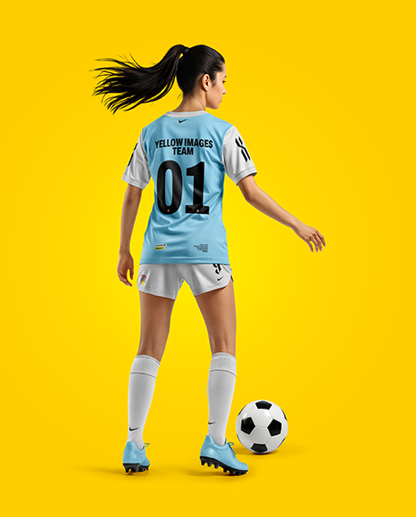 Female Soccer Player Wearing Jersey and Shorts Mockup